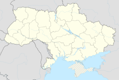 Mapa konturowa Ukrainy, blisko lewej krawiędzi nieco u góry znajduje się punkt z opisem „Przejście graniczne Medyka-Szeginie”