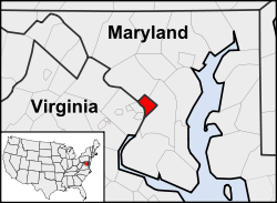 Location of Washington, D.C., in the contiguous United States and in relation to Maryland and Virginia