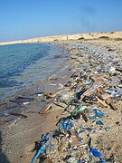 エジプト、紅海の海岸に打ち寄せられたゴミ