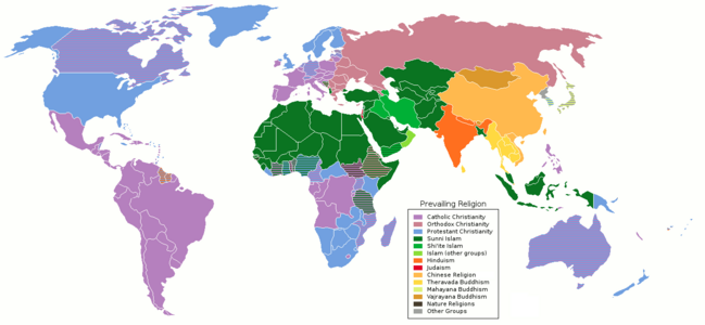 Cristiandad occidental (en violeta la católica y en azul la protestante) y cristiandad oriental (en rosa).