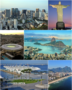 From the top, left to right: Christ the Redeemer, Sugarloaf Mountain, Rio Downtown, Municipal Theatre, Maracanã Stadium, Rio–Niterói Bridge, and panoramic view of the city from Niterói.