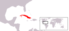 Área de ocorrência (em vermelho): ilha principal de Cuba e ilha da Juventude