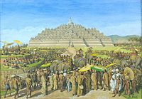 A painting by G.B. Hooijer (c. 1916–1919) reconstructing the scene of Borobudur، during its heyday.