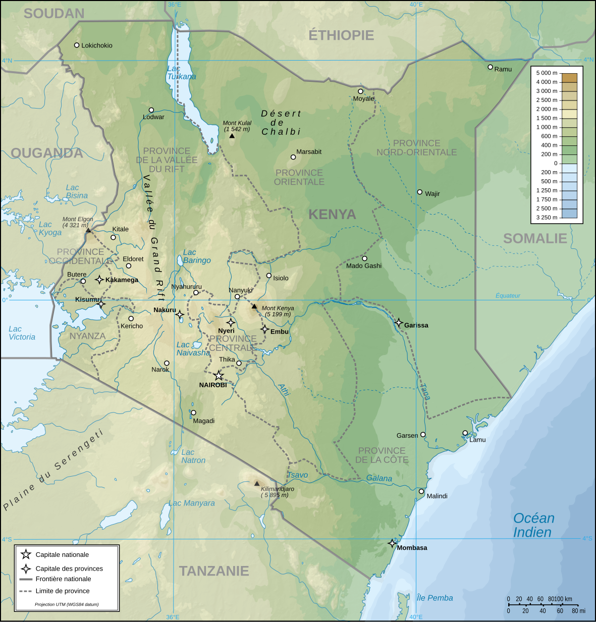Carte topographique du Kenya (attention : chiffres des latitudes longitudes (en bleu) erronés)