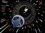 Concepção artística de um hipotético "wormhole Nave powered" baseado em um trabalho de 1994, Miguel Alcubierre. Crédito: NASA CD-98-76634 por Les Bossina.