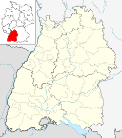 Mapa konturowa Badenii-Wirtembergii, po lewej znajduje się punkt z opisem „Baden-Baden”