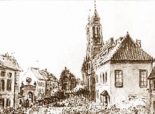Czarno biały szkic ukazujący ulicę Krakowskie Przedmieście z domami po obu stronach.