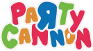 Das Foto zeigt das Logo der Band Party Cannon. Die Buchstaben Party Cannon sind verschieden groß in den Farben magenta, orange, hellblau und hellgrün.
