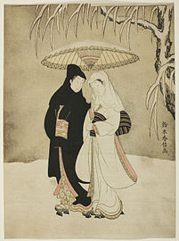 Dois amantes na neve debaixo do guarda-chuva Mitate de Harunobu, c. 1767