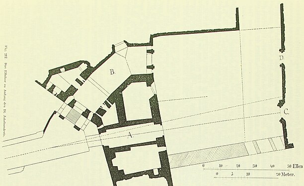 Das Elbtor zu Anfang des 18. Jahrhunderts - Thorhaus/Schönes Tor (A), Georgentor (C), Jagdtor (D). 1710.