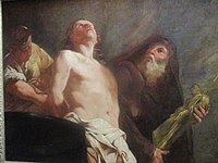 Martirio de San Juan por Giulia Lama. El cuerpo desnudo de San Juan entre dos hombres que los sujetan