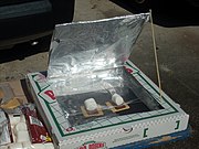 ソーラークッカーの自作。宅配ピザの箱とアルミ箔で自作。