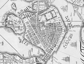Kvarter och dess numrering enligt Petrus Tillaeus karta från 1733.