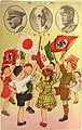 Niños ondean las banderas de Japón, Italia y la Alemania nazi. 1938.