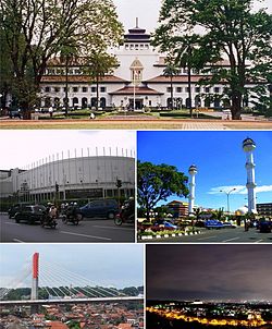 Clockwise, from top: Gedung Sate, Masjid Agung Bandung, Bandung diwaktu malam, Jambatan Pasupati, Gedung Merdeka