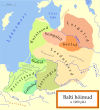 Balti hõimude asukohakaart XIII sajandi alguses (kuralased helerohelisega)