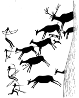 Dibujo esquemático de Hugo Obermaier en el que se representa la Cacería de ciervos de la Cueva de los Caballos (Valltorta). Ejemplo de arte Levantino.[30]​