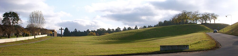 Skogskyrkogårdens "bibliska landskap"[7][a] med Skogskrematoriet till vänster och Almhöjden till höger. Vy från huvudentrén mot söder i november 2009.