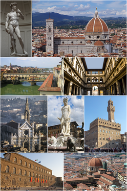 Từ trên xuống dưới, từ trái sang phải: (1) Tượng David của Michelangelo; (2) Nhà thờ chính tòa Đức Bà Ngàn Hoa; (3) Ponte Vecchio và Hành lang Vasari; (4) Phòng tranh Ufizi; (5) Thánh đường Santa Croce; (6) Đài phun nước Neptune; (7) Palazzo Vecchio; (8) Palazzo Pitti; (9) Nhà nguyện Medici