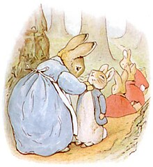 親ウサギと四匹の子ウサギ。『ピーターラビットのおはなし』の挿画。