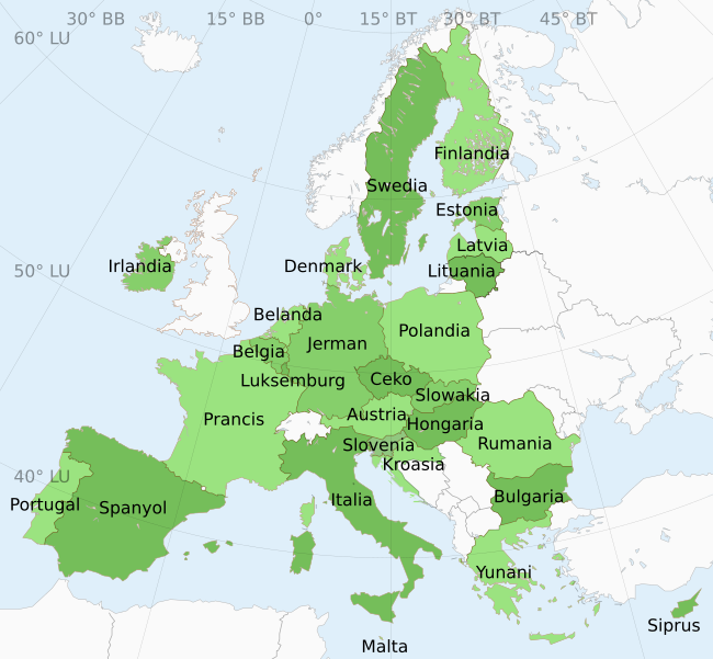Peta yang menampilkan negara anggota Uni Eropa (bisa diklik)