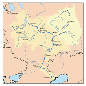 řeka a její povodí zvýrazněna vpravo na mapě povodí Volhy