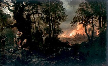 A village on fire by Franciszek Kostrzews (1862)