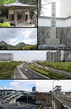 top left:Bodai-ji; right: Sanda Castle 2nd row: Sanda Castle 3rd row:Hokusetsu Sanda New Town 4th row left:JR Sanda Station; right:Aono Dam