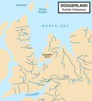 Map yn dangos maint damcaniaethol Doggerland (tua 8,000 CC), a ddarparodd bont dir rhwng yr hyn a elwir heddiw yn "Brydain" a chyfandir Ewrop