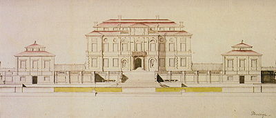 Nicodemus Tessins ritningar: Fasad mot syd och Mälaren (vänster) och längssektion genom huvudbyggnaden och trädgårdstrappan.