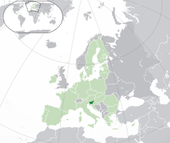 Položaj  Slovenija  (zelena) – in Evropa  (bijelo & narančasto) – in Evropska Unija  (bijelo)  —  [Legend]