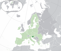 Location of  ස්ලෝවේනියාව  (dark green) – in Europe  (green & dark gray) – in the යුරෝපියානු සංගමය  (green)  –  [Legend]