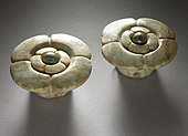 Flower-shaped jadeite earflares, Late Classic (Los Angeles County Museum of Art)