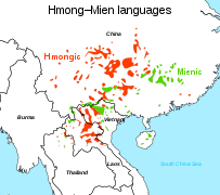 Distribution of Hmong–Mien languages