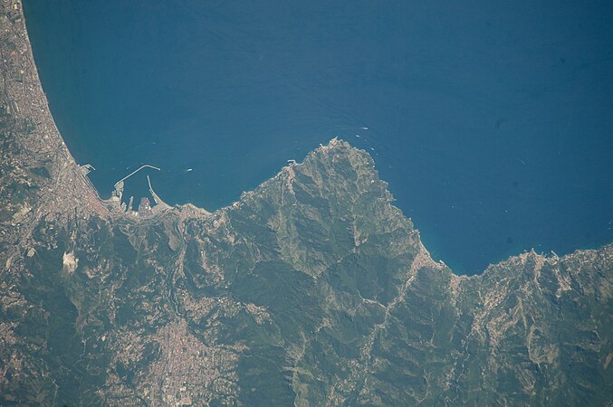 a view from above (ISS) with village Corpo di Cava in green forrest, Monte Finestra (Monti Lattari), Gulf of Salerno, Amalfi Coast