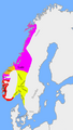 Y. 930 tarihinde I. Harald'ın ölümü sonrası bölünmüş krallık toprakları. Sarı bölgeler küçük ve önemsiz krallıklar, mor renkli bölge Lade kontluğu toprakları, turuncu renkteki bölge Møre kontluğu toprakları.