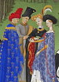 Verlobungsszene mit festlich gekleideten Aristokraten und Damen in typisch stilisierter gotischer Haltung, um 1400, Detail aus dem „April“-Bild in den Très Riches Heures du Duc de Berry (f.4)