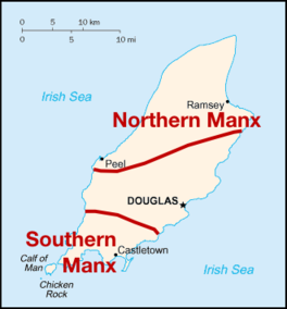 De dialektkaorte van t Manx (de grenzen bin globaal an-egeven)