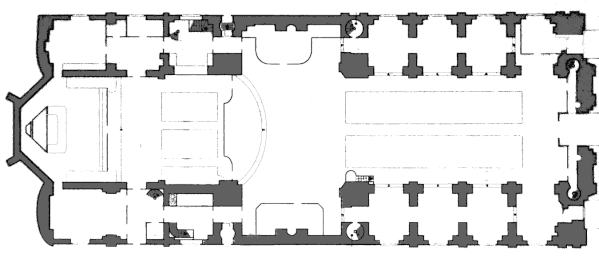 Plan of the church (Choir to left, transept in center, nave and chapels to right)