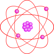 Colour diagram of an atom of Beryllium, showing four electrons, four protons and four neutrons, all in violet with red electron orbits.
