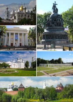 Searah jarum jam: Milenium Rusia, katedral St. Sofia, museum seni modern, Biara Yuriev, Kremlin, Pengadilan Yaroslav ini
