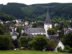 View of Drolshagen towards south from Papenberg (417 m). St. Clement's Church dominates the skyline.