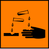 A square orange label indicating that drops of a liquid corrode materials and human hands.