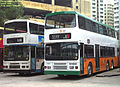 Second-handed Alexander R bodied Volvo Olympian, one in CMB livery, other repainted in NWFB livery at Chai Wan in August 1999