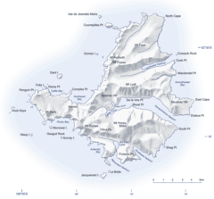 Mapa ostrovů, Campbellův ostrov je nejrozlehlejší.