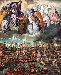 La batalla de Lepanto (c. 1572, óleo sobre lienzo, 169 × 137 cm), Galería de la Academia de Venecia.