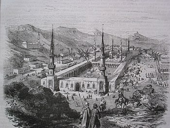 Die Hauptmoschee von Medina mit dem Grab Mohammeds, Stahlstich (19. Jh.)
