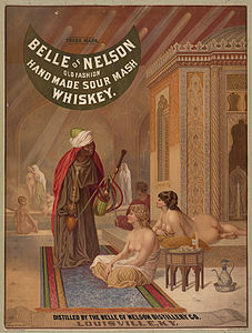 ABD'nin Kentucky eyaletinde bulunan Belle of Nelson Distillery Co. firmasının ürettiği viski Belle of Nelson 'un reklam posteri (Wells & Hope Co., 1883). Firma tam veya yarı çıplak kadın motifini reklamlarda kullanmakla tanınmaktaydı. Bu posterde Jean-Léon Gérôme'nın haremi konu alan tablosunu tercih etti. (Üreten: Wells & Hope Co.)