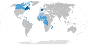 Страни и територии, където френският език е разпространен. (в синьо и тъмно синьо е официален)