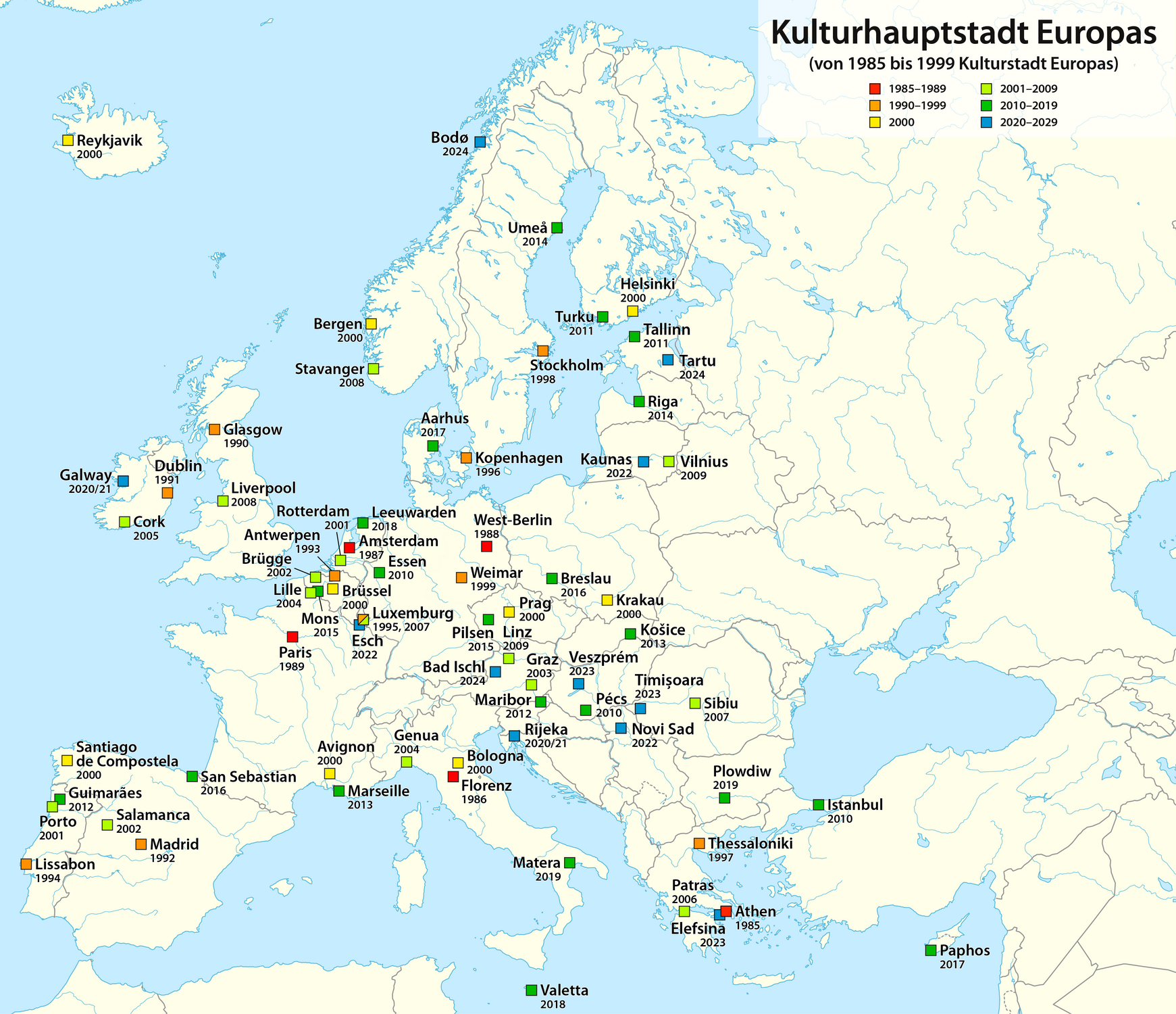 Karte der Kulturhauptstädte Europas (Stand 2024)